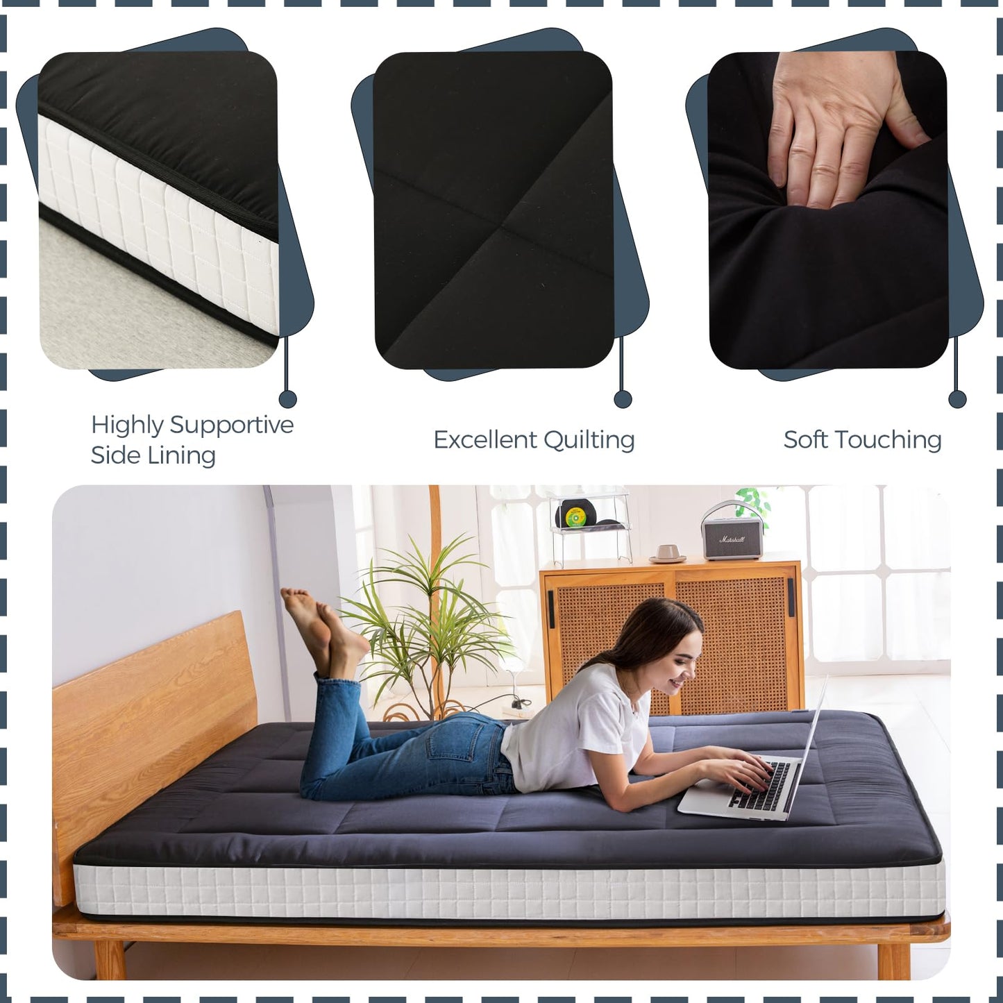 MAXYOYO 6" Extra Thick Floor Futon Mattress, Foldable Mattress Tatami Pad Floor Mattress for Adults Floor Bed Roll Up Mattress Guest Mattress, Black, Twin