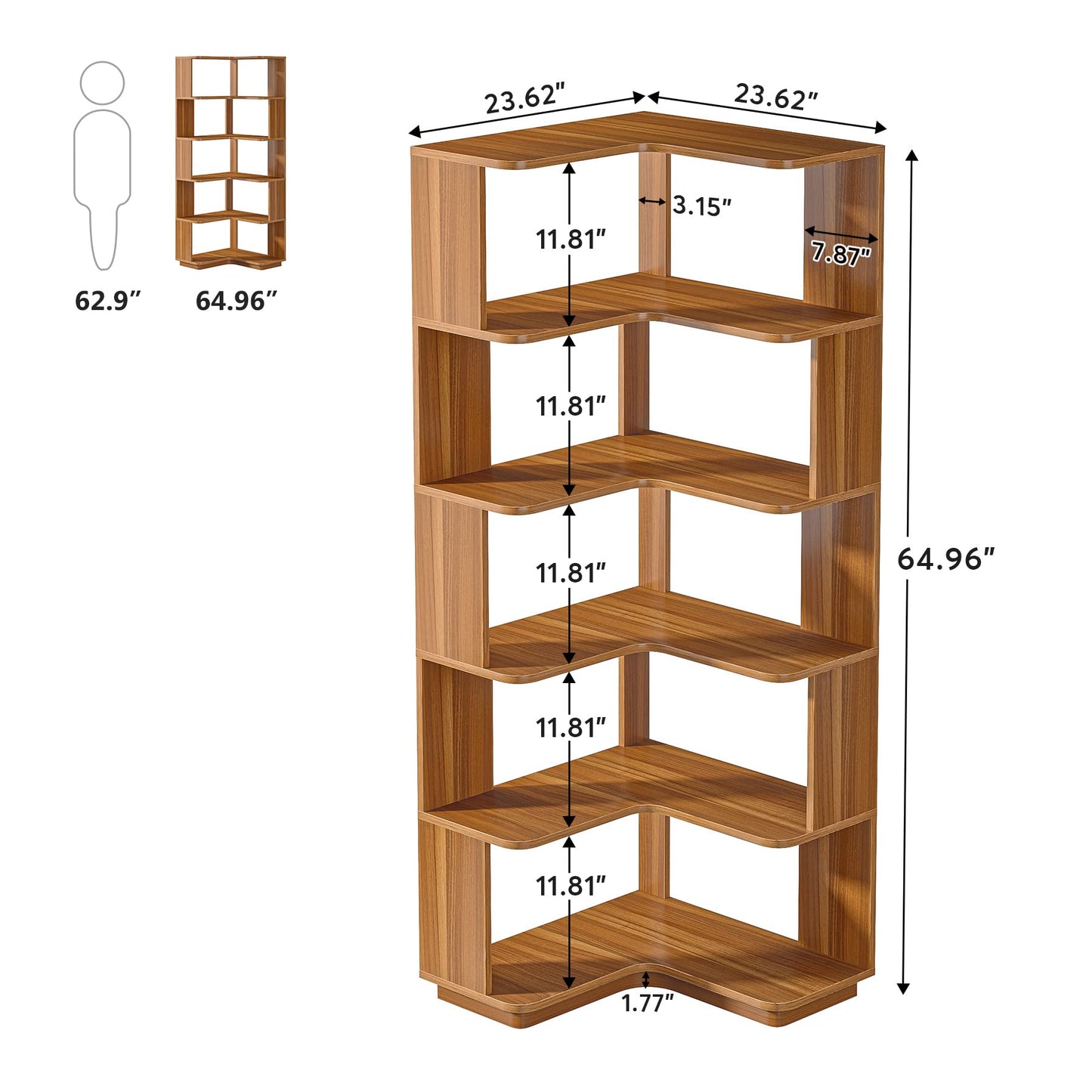 LITTLE TREE 6-Shelf Corner Bookshelf, 65” Tall L Shaped Bookcase, 6-Tier Industrial Corner Shelf Storage Display Rack for Living Room Home Office, Wood Grain Walnut