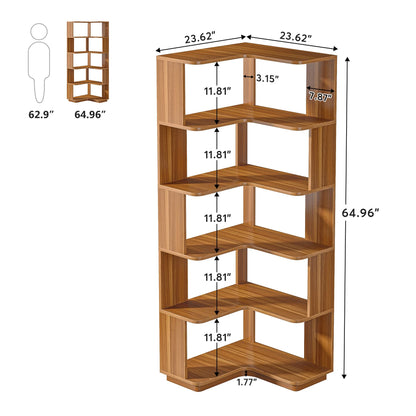 LITTLE TREE 6-Shelf Corner Bookshelf, 65” Tall L Shaped Bookcase, 6-Tier Industrial Corner Shelf Storage Display Rack for Living Room Home Office, Wood Grain Walnut