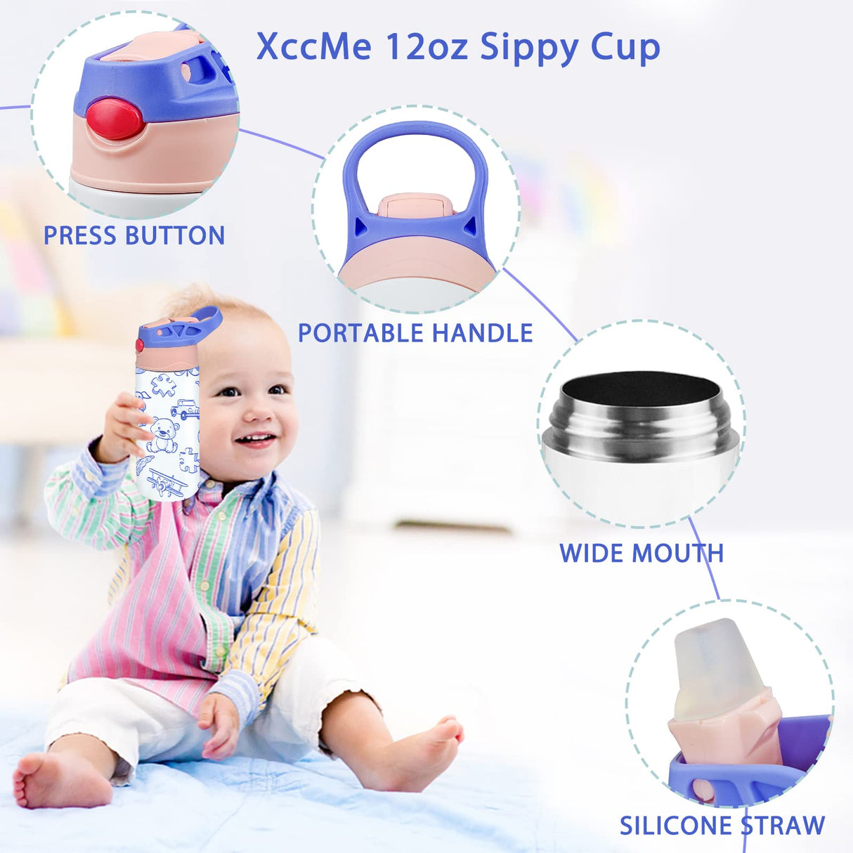 XccMe Kids Sublimation Tumbler,12oz Sublimation Water Bottle Blanks,Straight Stainless Steel Todder Sippy Cup,Double Wall Insulated Sippy Tumbler with Handle,Shrink Films,Leak Proof (Purple) XccMe