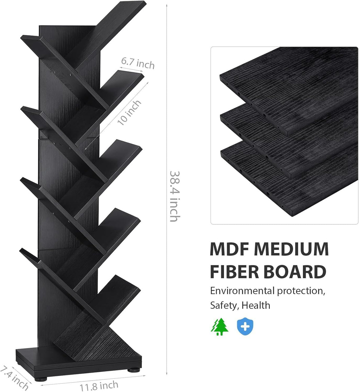 ruboka 8 Tier Tree Bookshelf,8 Shelf Floor Standing Bookcase Display for CDs/Magazine/Books, Retro Bookshelf for Bedroom, Living Room, Office,Balcony,Book Organizer Storage Shelves ruboka