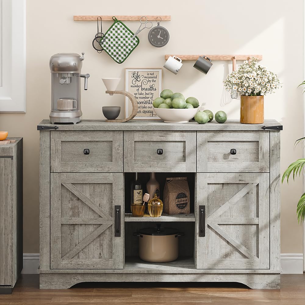 47" Farmhouse Buffet Cabinet with Storage, Barn Doors Sideboard Buffet Storage Cabinet with 3 Drawers and Shelves, Wood Coffee Bar Cabinet for Kitchen, Dining Room, Living Room, Gray Vabches