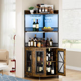 Garvee 5-Tiers Corner Bar Cabinet with Power Outlet,64''Industrial Tall Wine Cabinet with LED Lights&Glass Holder, Liquor Cabinet with Storage,Corner Display Shelf for Living Room/Kitchen(Brown) Garvee