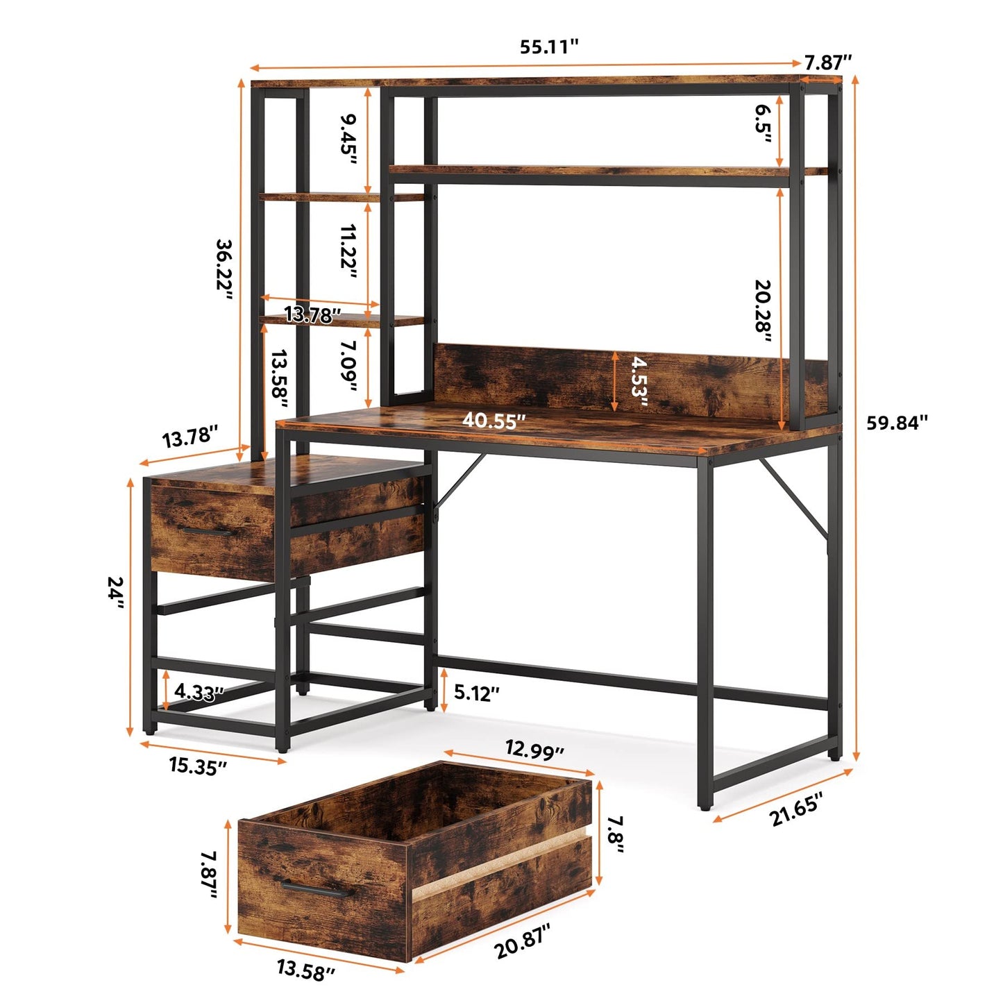 Tribesigns 55 Inch Computer Desk with 2 Drawers and Storage Shelves, Rustic Office Desk with Hutch, Study Writing Gaming Table Laptop Workstation for Home Office (Brown) - WoodArtSupply