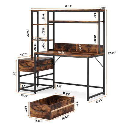 Tribesigns 55 Inch Computer Desk with 2 Drawers and Storage Shelves, Rustic Office Desk with Hutch, Study Writing Gaming Table Laptop Workstation for Home Office (Brown) - WoodArtSupply