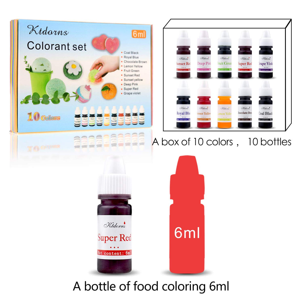 Soap Dye Soap Making Set - 10 Liquid Colors for Soap Coloring,Coal Black, Royal Blue,Chocolate Brown,Lemon Yellow,Fruit Green,Sunset Red,Sunset Yellow,Deep Pink,Super Red and Grape Violet Ktdorns