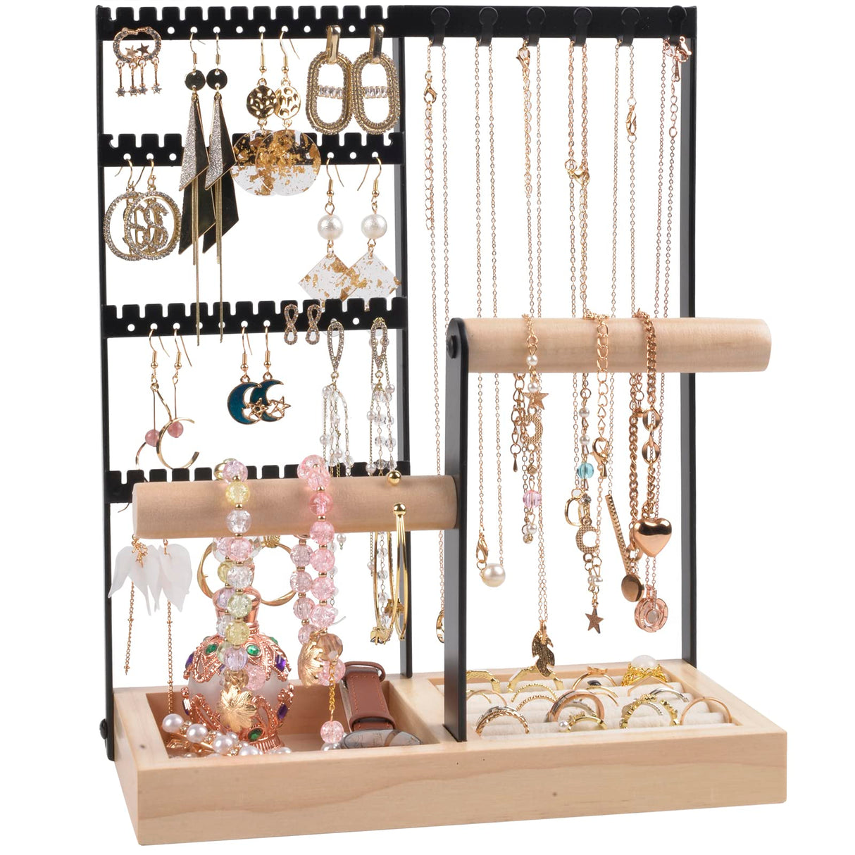 Jewelry Holder Organizer, 5-Tier Earring Organizer Stand with 48 Holes & Wood Ring Tray, 6 Hooks Necklace Bracelets Holder Tree, Black Jewelry Display Rack & Tower for Stud Watch, Aesthetic Room Decor ChezMax