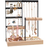Jewelry Holder Organizer, 5-Tier Earring Organizer Stand with 48 Holes & Wood Ring Tray, 6 Hooks Necklace Bracelets Holder Tree, Black Jewelry Display Rack & Tower for Stud Watch, Aesthetic Room Decor ChezMax