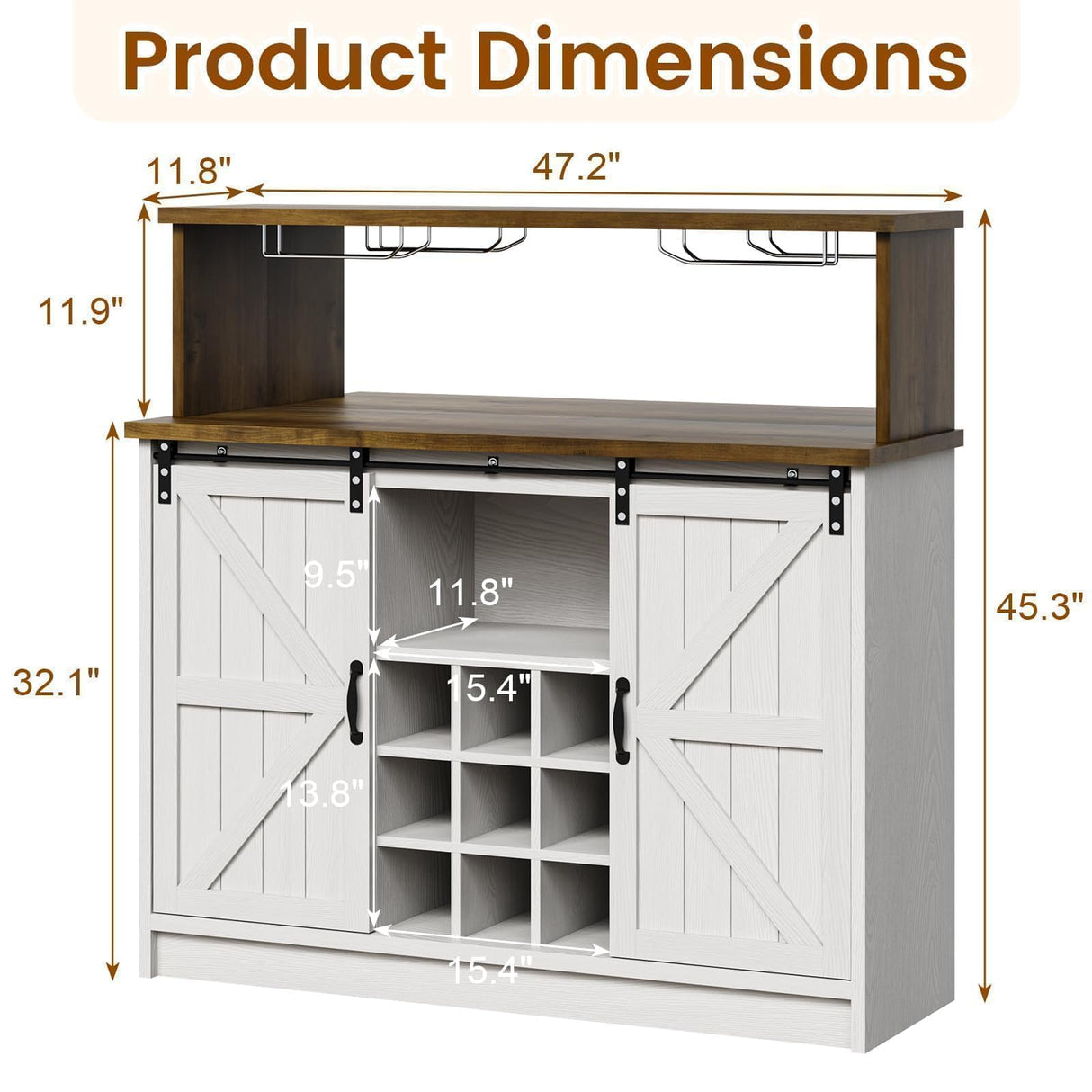 Farmhouse Coffee Bar Cabinet with Storage, 47 Inch Coffee Bar Hutch with Sliding Barn Doors, Wine Bar Cabinet with LED Light and Mirror, White Coffee Bar Table with Wine and Glass Rack for Living Room 4ever2buy