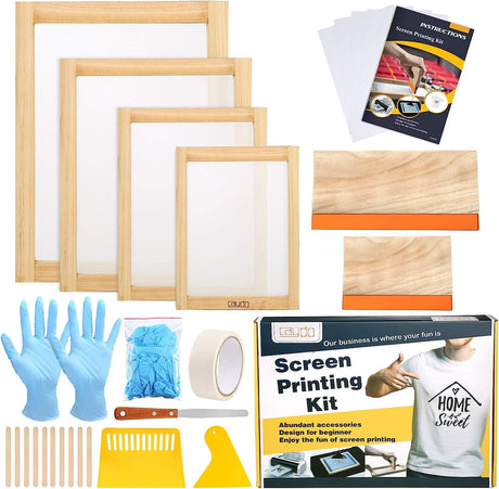Caydo 31 Pieces Screen Printing Starter kit Include 4 Different Size of Wood Silk Screen Printing Frame with 110 Mesh, Squeegees, Inkjet Transparency Film, Ink Knife, Gloves and Mask Tape Caydo