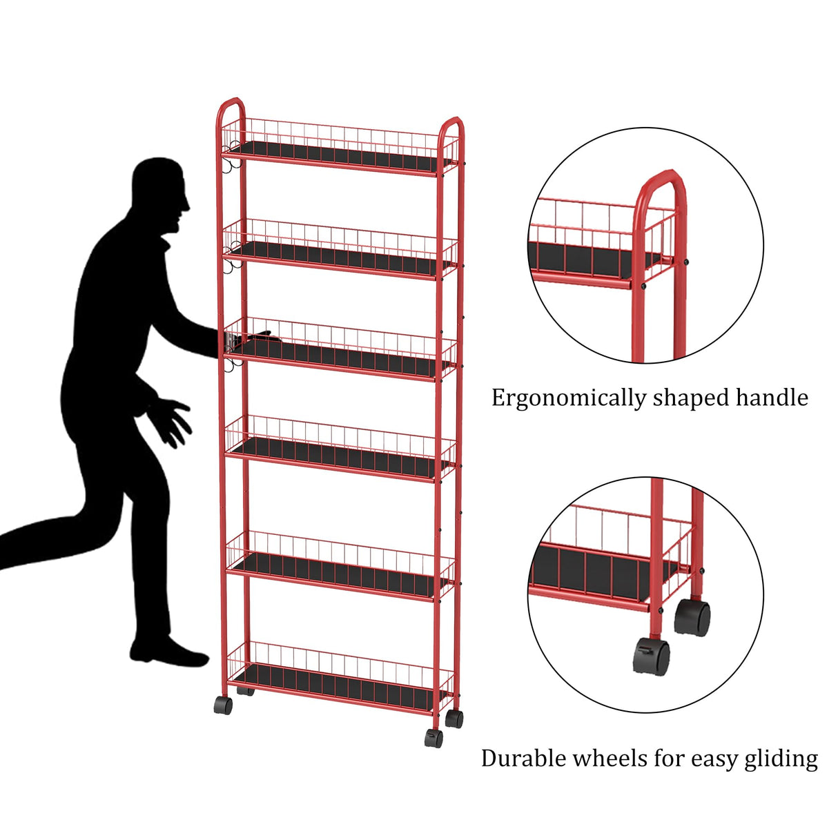 VFY 6-Tier Storage Cart Wire Slim Shelving Shelf with Wheels for Small Spaces, Rolling Tall Organizer Storage for Bathroom, Kitchen, Home, Garage, Bedroom, Closet (Red, 6" D) VFY