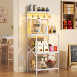 Korfile Kitchen Bakers Rack with Power Outlet & LED Lights, Small Coffee Bar Table with Adjustable Storage Shelf, 4 Tiers Microwave Stand with 8 Hooks, Coffee Station for Appliance Organizer, White Korfile