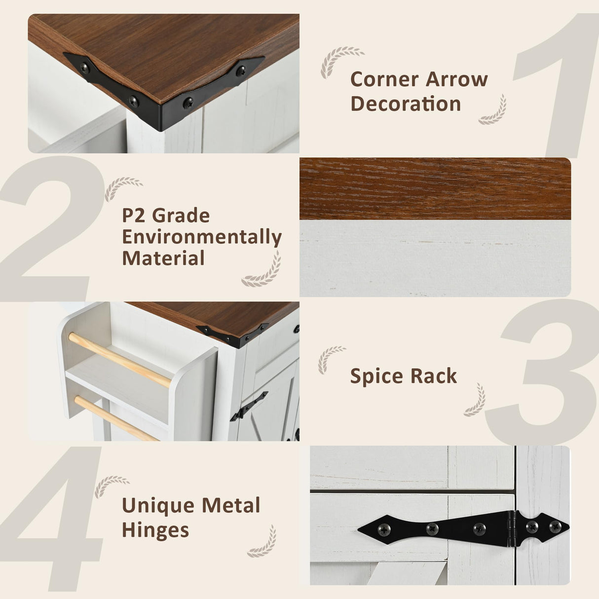 Amposei Farmhouse Rolling Kitchen Island with Power Outlet, Drop Leaf Breakfast Bar, Wooden Mobile Storage Island Cart on Wheels with Drawers, Spice Rack for Kitchen Dining Room (Retro White) Amposei