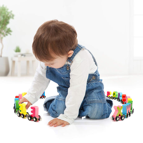 Wooden Alphabet Train Toy 27 PCS Magnetic Alphabet ABC Set Includes 1 Engine and 1 Storage Box Letter Cars for Toddlers Kids Boys and Girls, Compatible with Tracks Wondertoys