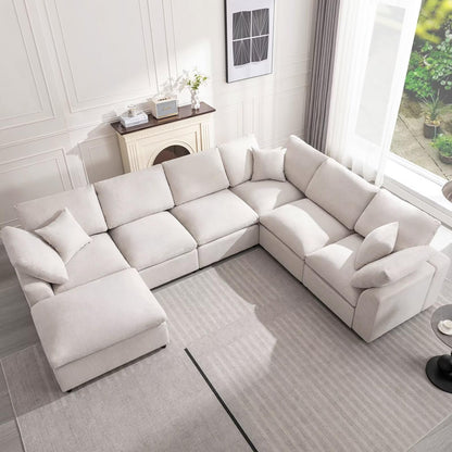 Siiejia Cloud Couch Modular Sectional Sofa Modern Oversized Couches with Ottoman 7 Seater L-Shaped Sofas Comfy Couches for Living Room Spacious Space Apartment Lounge, Cream