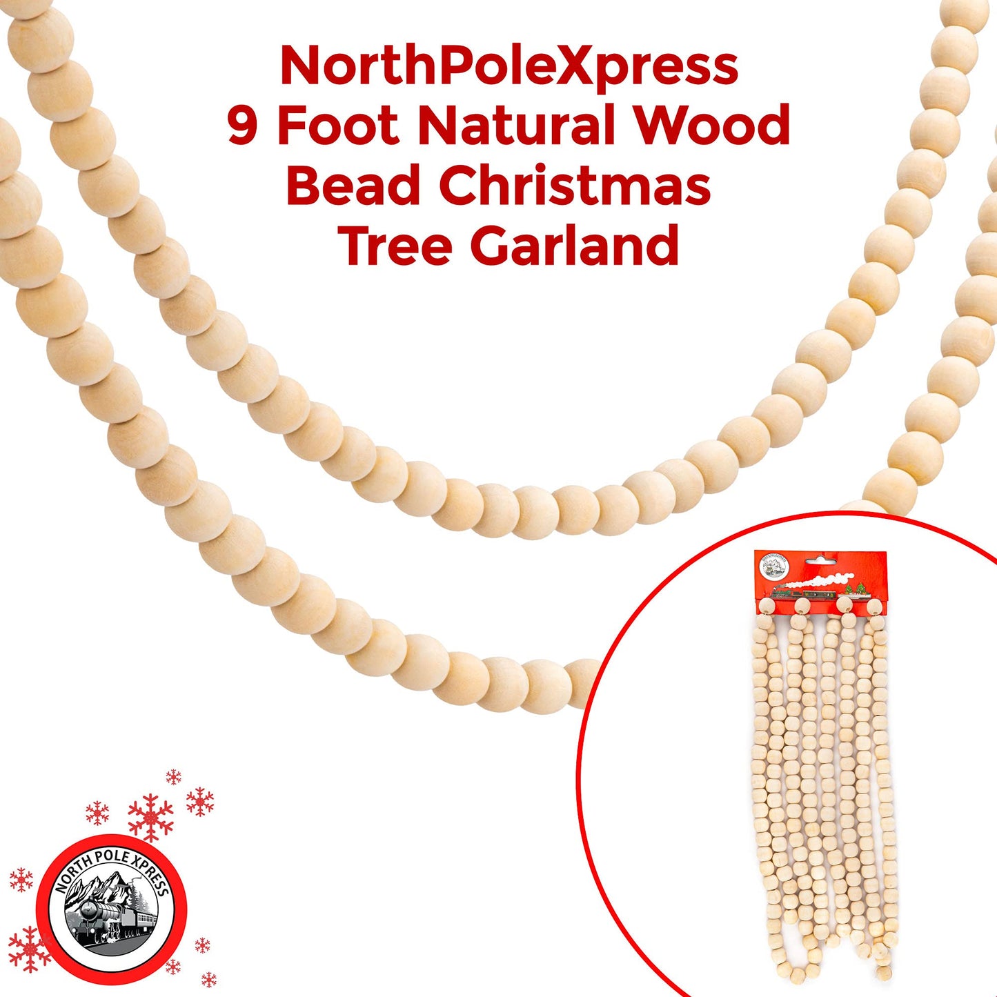 9 Foot Natural Wood Bead Christmas Garland | Wooden Christmas Tree Garland Perfect for Rustic Natural Country Farmhouse Trees | Garland Christmas Decorations for Indoor Use