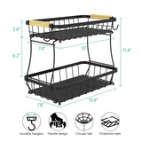 Sevenblue 2 Tier Fruit Basket for Kitchen Counter with 2 Banana Hangers, 2025 Pro Detachable Metal Fruit Bowl with Wooden Handle,Fruit Holder for Bread Snack Veggies, Black Sevenblue