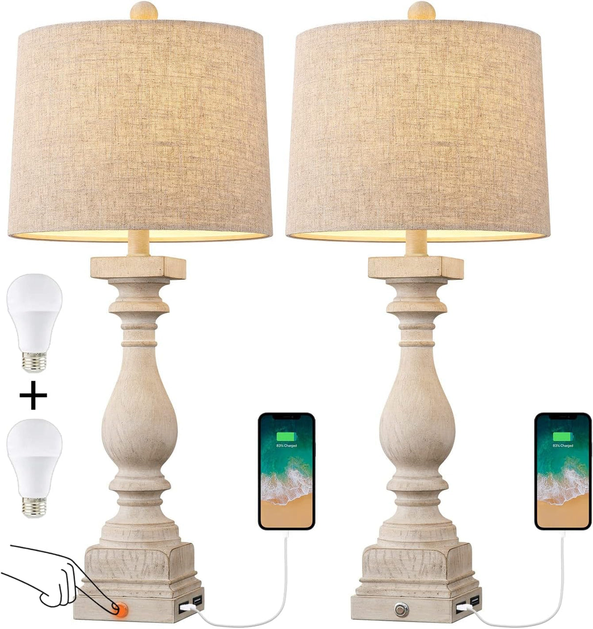 BOBOMOMO 27" Farmhouse 3-Way Dimmable Touch Control Table Lamp Set of 2 with USB A &USB C Charging Ports for Bedroom Living Room Vintage Rustic Traditional Nightstand Bedside Lamps (2 Bulbs Included) BOBOMOMO