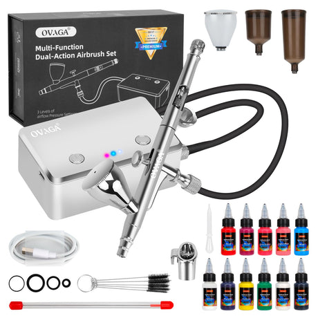 OVAGA 32PSI Airbrush Kit with Compressor, Rechargeable Multi-Function Dual-Action Airbrush Set Portable with Airbrush Paint Set 11 Colors for Painting Makeup Cake Decor Model Coloring Nail Art Tattoo Ovaga