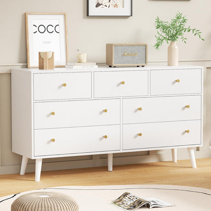 HOUROM White Dresser for Bedroom, Dresser with 7 Drawers, Wood Dressers & Chests of Drawers, Modern Double Dresser with Wide Drawer and Metal Handles