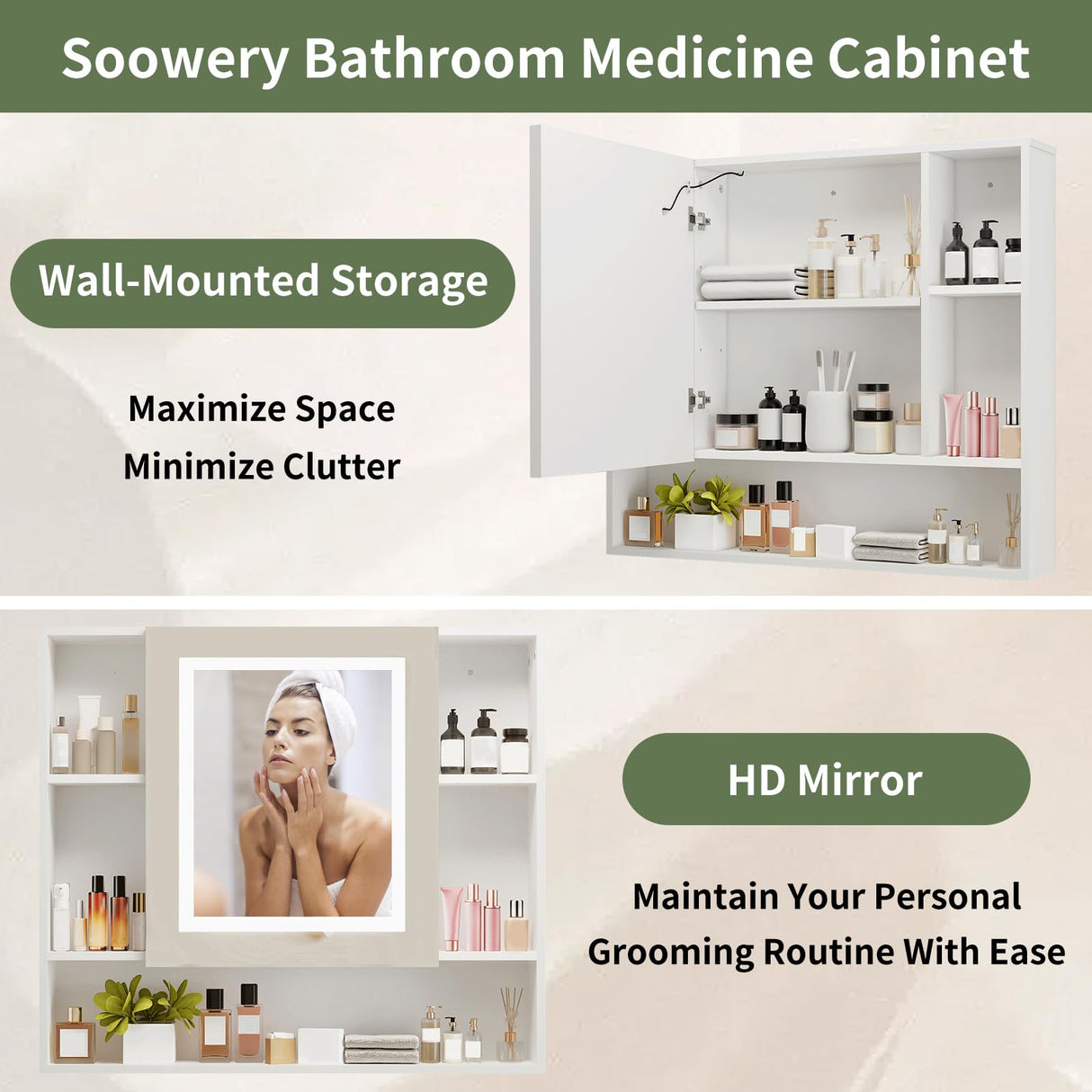 SOOWERY Medicine Cabinet Mirror with Led Light 27.5" W x 24.3" H Lighted Vanity Mirror Wall Mounted Bathroom Storage Cabinet with Single Door Surface Farmhouse Bathroom Cabinets White SOOWERY