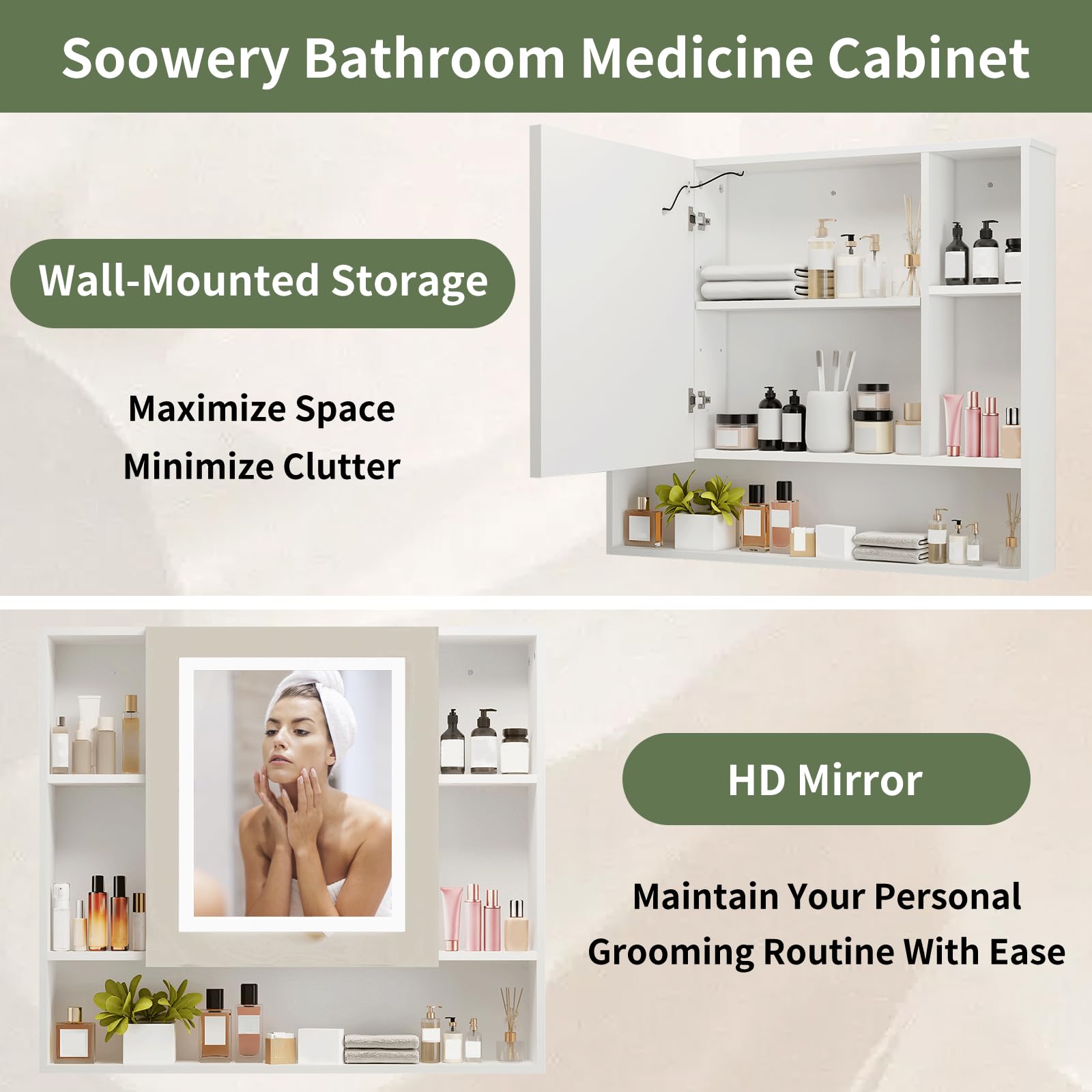 SOOWERY Medicine Cabinet Mirror with Led Light 27.5" W x 24.3" H Lighted Vanity Mirror Wall Mounted Bathroom Storage Cabinet with Single Door Surface Farmhouse Bathroom Cabinets White - WoodArtSupply