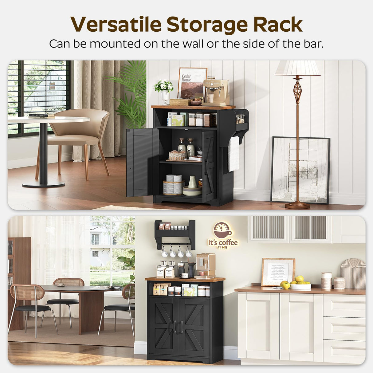 YATINEY Coffee Bar Cabinet, Kitchen Island with Storage, Farmhouse Sideboard Buffet Cabinet with Dual-Purpose Floating Shelf and Hooks, for Restaurant, Living Room, Rustic Brown KF22BR YATINEY