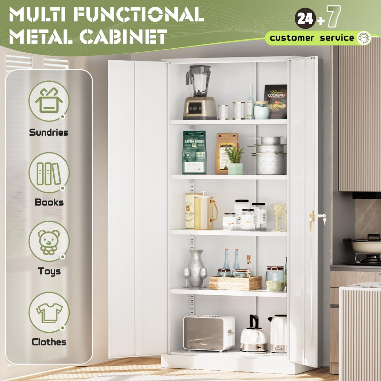 Crownland 72” Metal Storage Cabinet, Lockable Garage Storage Cabinets, High Office Storage Cabinet with Adjustable Shelves for Garage, Home Office,Pantry, File(White) Crownland