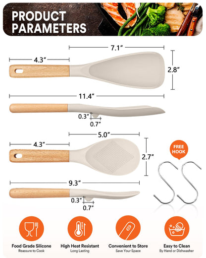 Cooking Spoon and Rice Scooper for Nonstick Cookwares, Great for Cooking and Serving Durable BPA-Free Matte Silicone, Wood Handle Spoon for Mixing, Scoop, and Scrape (KHAKI)