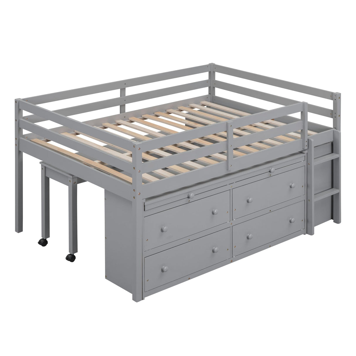Kids Full Low Loft Bed with Storage, Full Size Loft Bed with Portable Desk and 4 Drawers, Wood Full Loft Bed with Shelves, Modern Farmhouse Junior Loft Bed for Kids Boys Girls, Gray Harper & Bright Designs