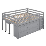 Kids Full Low Loft Bed with Storage, Full Size Loft Bed with Portable Desk and 4 Drawers, Wood Full Loft Bed with Shelves, Modern Farmhouse Junior Loft Bed for Kids Boys Girls, Gray Harper & Bright Designs