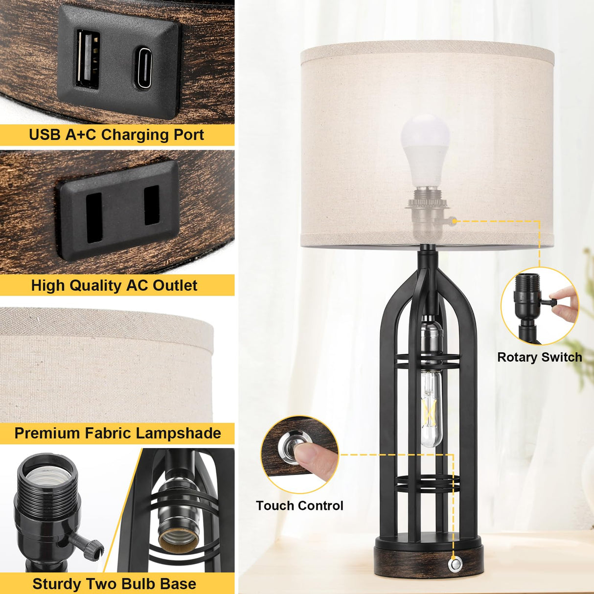 Table Lamp for Living Room - Lamps Set of 2 with USB C+A & Outlet, 3-Way Dimmable Farmhouse Lamps for Night Stands, Rustic Bedside Lamp for End Tables, Industrial Nightstand Lamps for Bedroom Seealle
