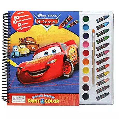 Disney / Pixar Cars Deluxe Poster Paint & Color - Coloring Book for kids, 80 illustrations, 10 watercolor paints, 12 crayons, 1 paint brush Phidal