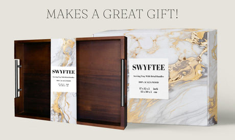 Swyftee Serving Tray with Handles – 17 x 12 x 2 Inch Dark Brown Acacia Wood Ottoman Tray Table Trays Decorative – Coffee Tray Wood Decor for Kitchen – Breakfast in Bed Tray with Silver Metal Handles Swyftee