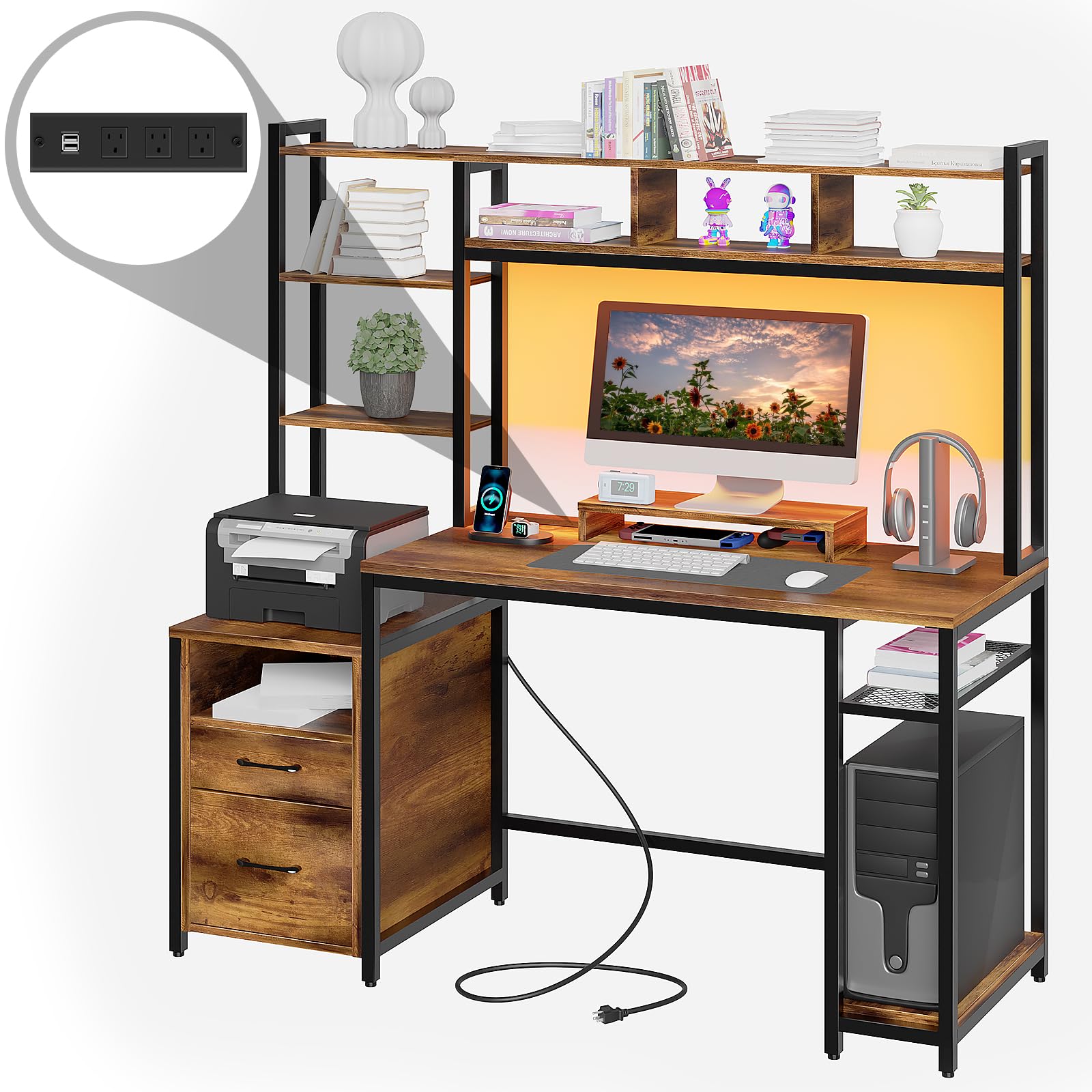 Vabches Computer Desk with Shelves 2 Drawers, Home Office Desk with Charging Station and LED Lights, 59" Desk with Hutch Monitor Stand Study Writing Table Laptop Workstation (Rustic Brown) - WoodArtSupply