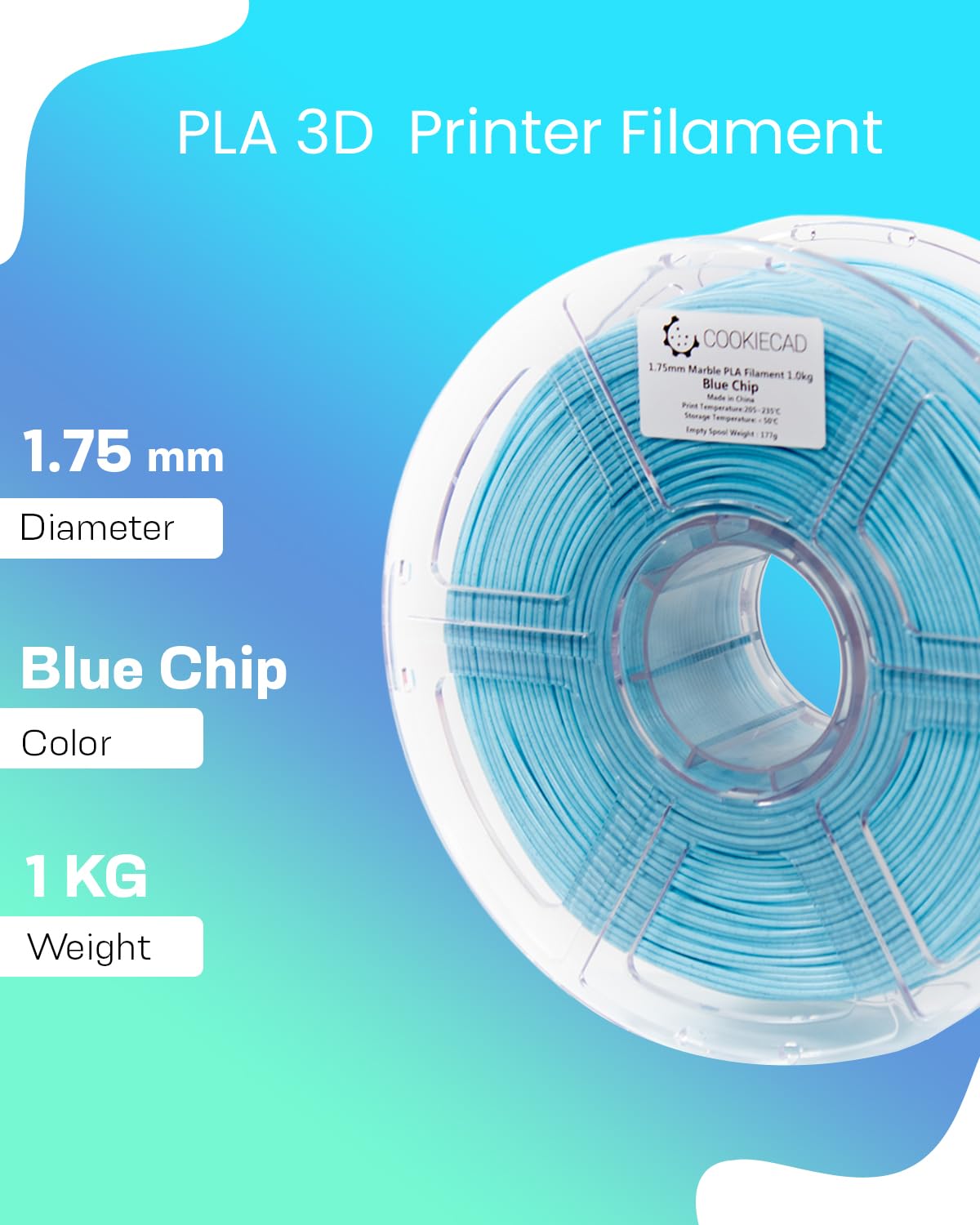 Cookiecad PLA Filament 1.75mm 1kg Marble Pastel 3D Printer Filament - Blue Chip PLA Cookiecad