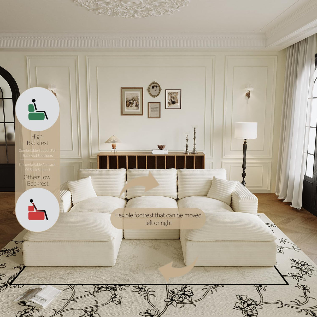 ZIGHTH 108" Plush Corduroy L Shaped Sectional Cloud Sofa Couch with Ottoman, Soft Deep Seat Modular Sectional Couches for Living Room,No Assembly. Beige ZIGHTH