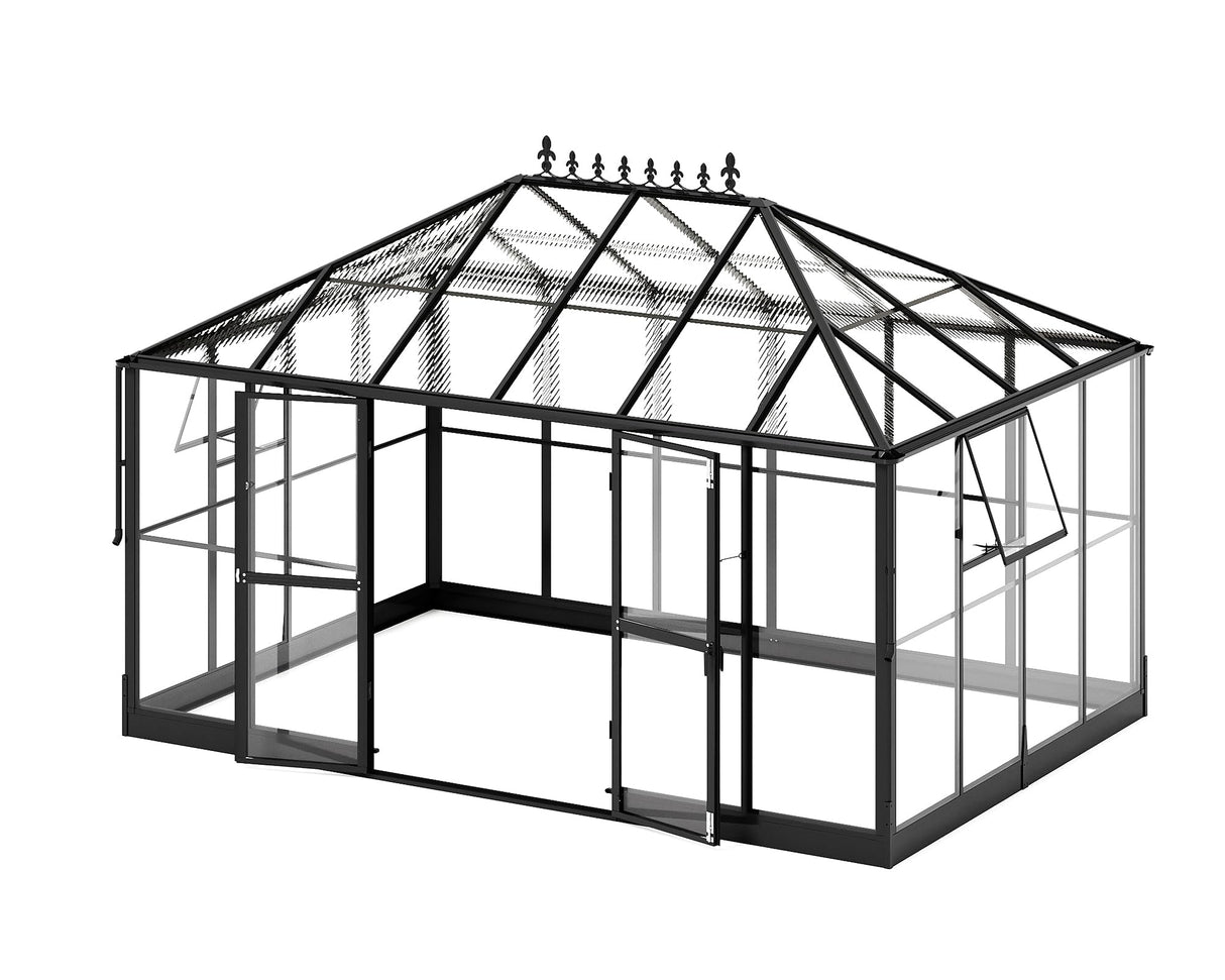 AMERLIFE 14x9.5x9 FT Hybrid Polycarbonate Greenhouse Quick Connector Fast Assembly, Swing 2 Doors Clear Panels, Walk-in Large Aluminum Greenhouse Winter Greenhouse for Outdoors, Black AMERLIFE