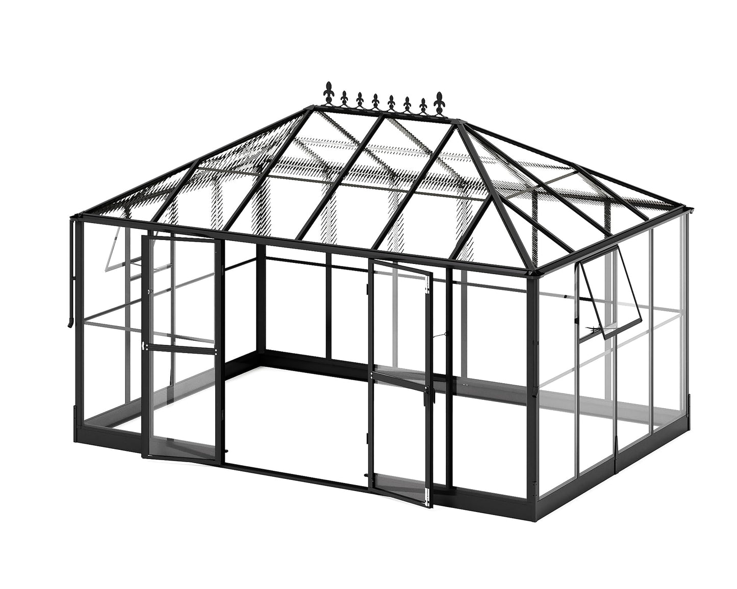 AMERLIFE 14x9.5x9 FT Hybrid Polycarbonate Greenhouse Quick Connector Fast Assembly, Swing 2 Doors Clear Panels, Walk-in Large Aluminum Greenhouse Winter Greenhouse for Outdoors, Black