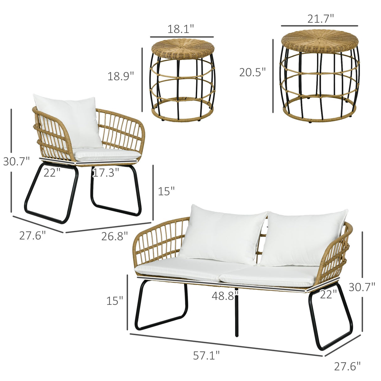Outsunny 5 Piece PE Rattan Outdoor Furniture Set with Cushioned Chairs & Loveseat Sofa, Patio Sectional Furniture Set, Conversation Sofa Set with Stackable Coffee Tables, Cream White Outsunny
