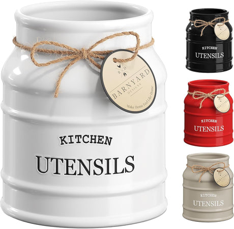 Barnyard Designs Ceramic Farmhouse Utensil Holder for Kitchen Counter, Large Rustic Utensil Crock, Countertop Cooking Tool Spatula Organizer, 6.75” (White) Barnyard Designs