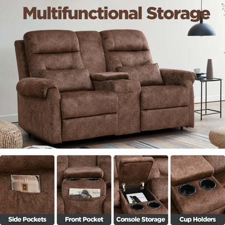 TPHORK RV Loveseat Recliner with Console, Reclining Loveseat Sofa, Manual Home Theater Seating with Pockets/Cup Holders for Living Room/RV Furniture (Velvet Brown) TPHORK