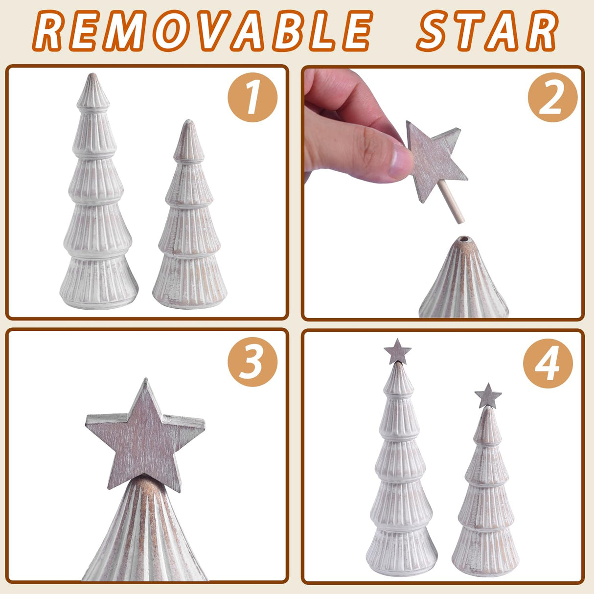 Wooden Christmas Tree Figurines with Removable Star, 2Pcs Distressed White Wood Christmas Trees, Rustic Xmas Centerpieces for Tables, Farmhouse Christmas Decor Indoor (White) Ovootok