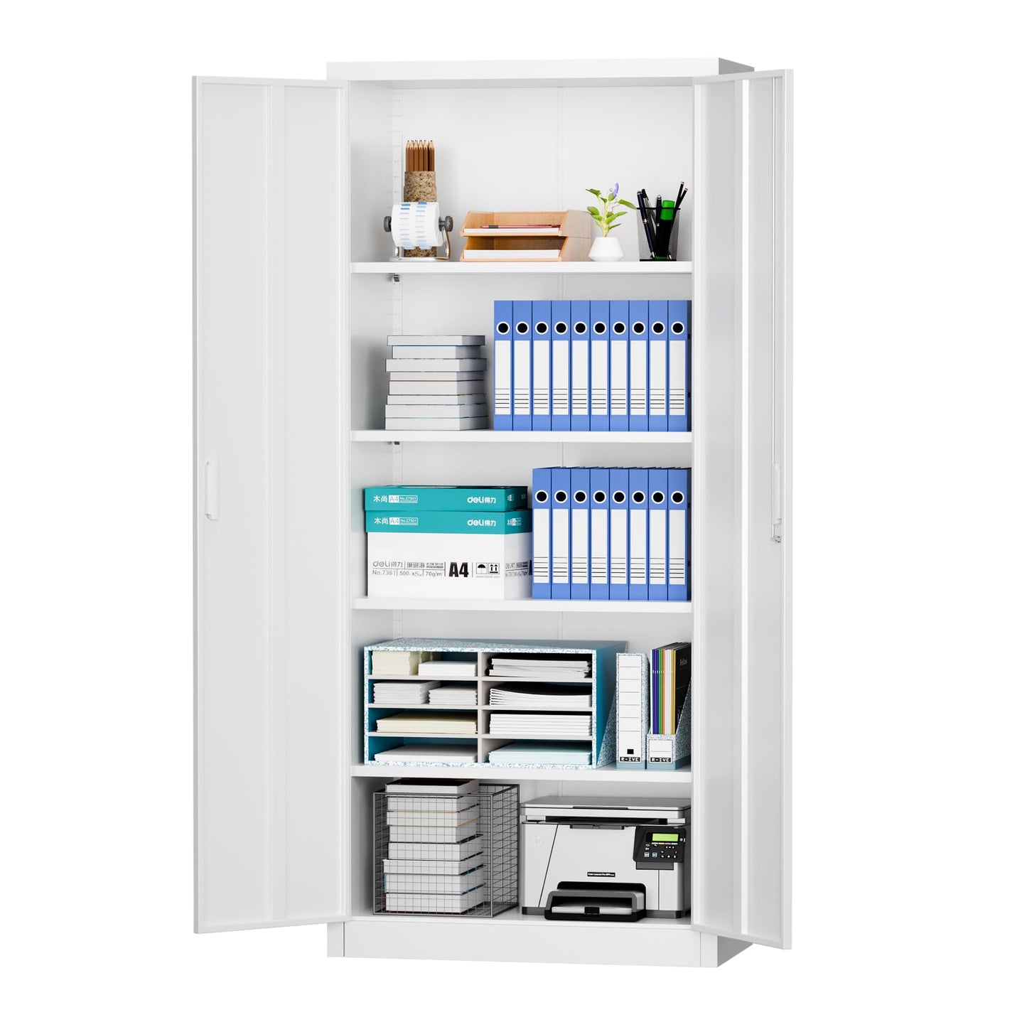 LOCENHU Metal Storage Cabinet with 2 Doors and 4 Adjustable Shelves - 71" Locking File Cabinet,Locking Tool Cabinet for Office,Home,Garage,Gym,School (White),Requires Installation - WoodArtSupply