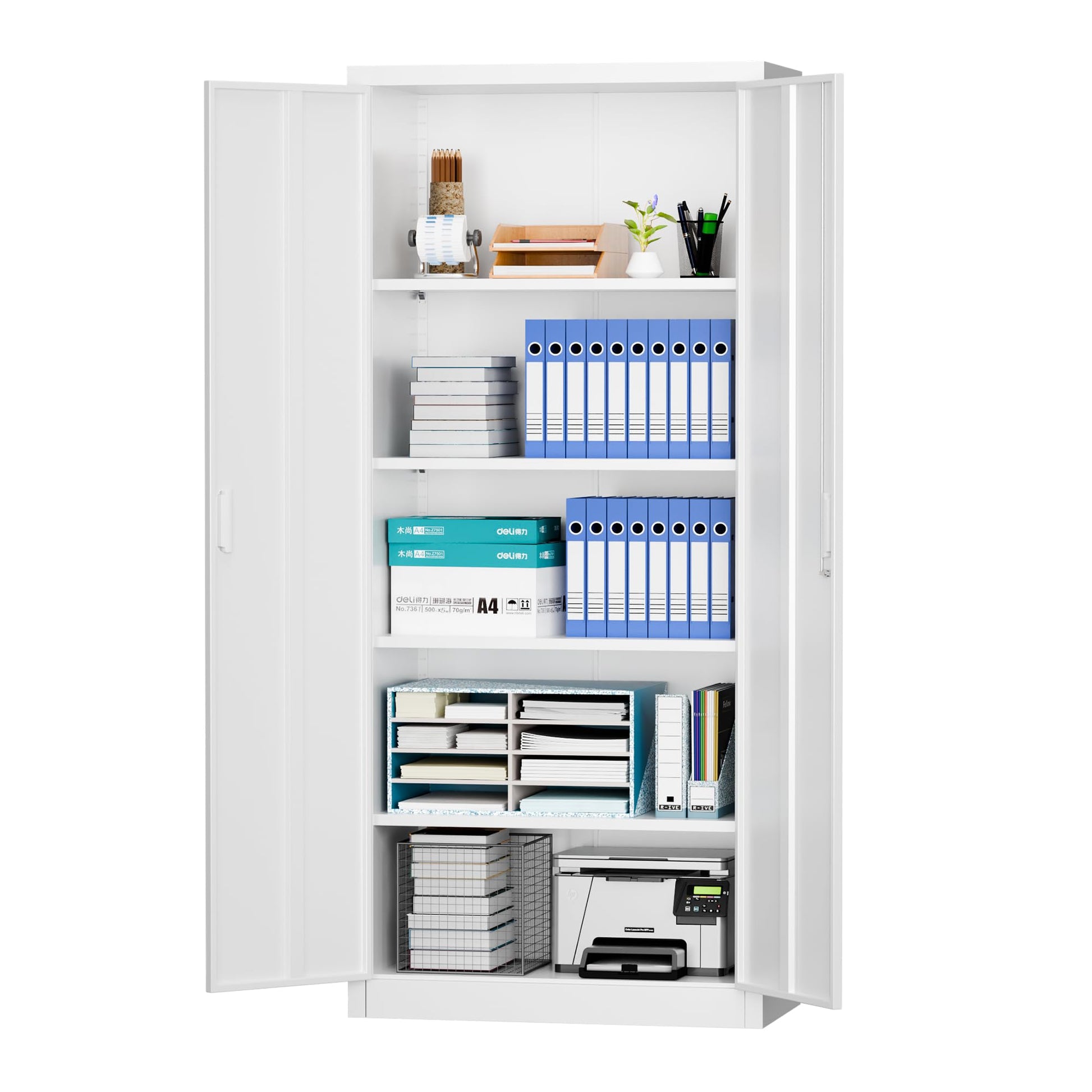 LOCENHU Metal Storage Cabinet with 2 Doors and 4 Adjustable Shelves - 71" Locking File Cabinet,Locking Tool Cabinet for Office,Home,Garage,Gym,School (White),Requires Installation - WoodArtSupply