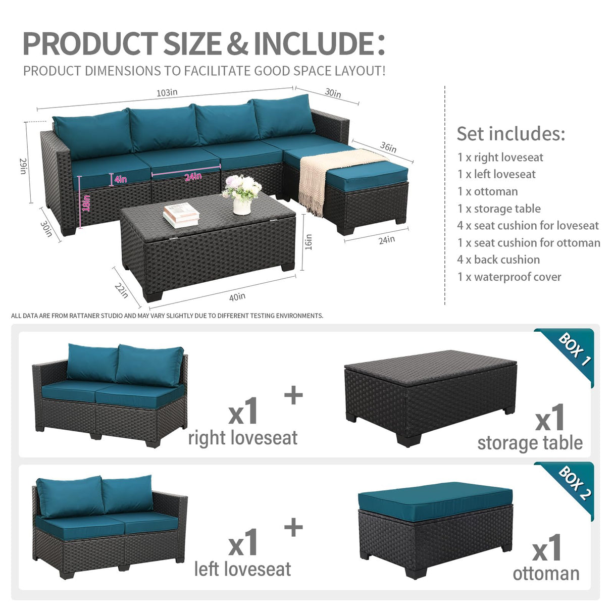 Rattaner 4 Pieces Patio Furniture Set Outdoor Sectional Wicker Patio Furniture Long Patio Couch with Ottoman and Outdoor Storage Table Weathering Rattaner