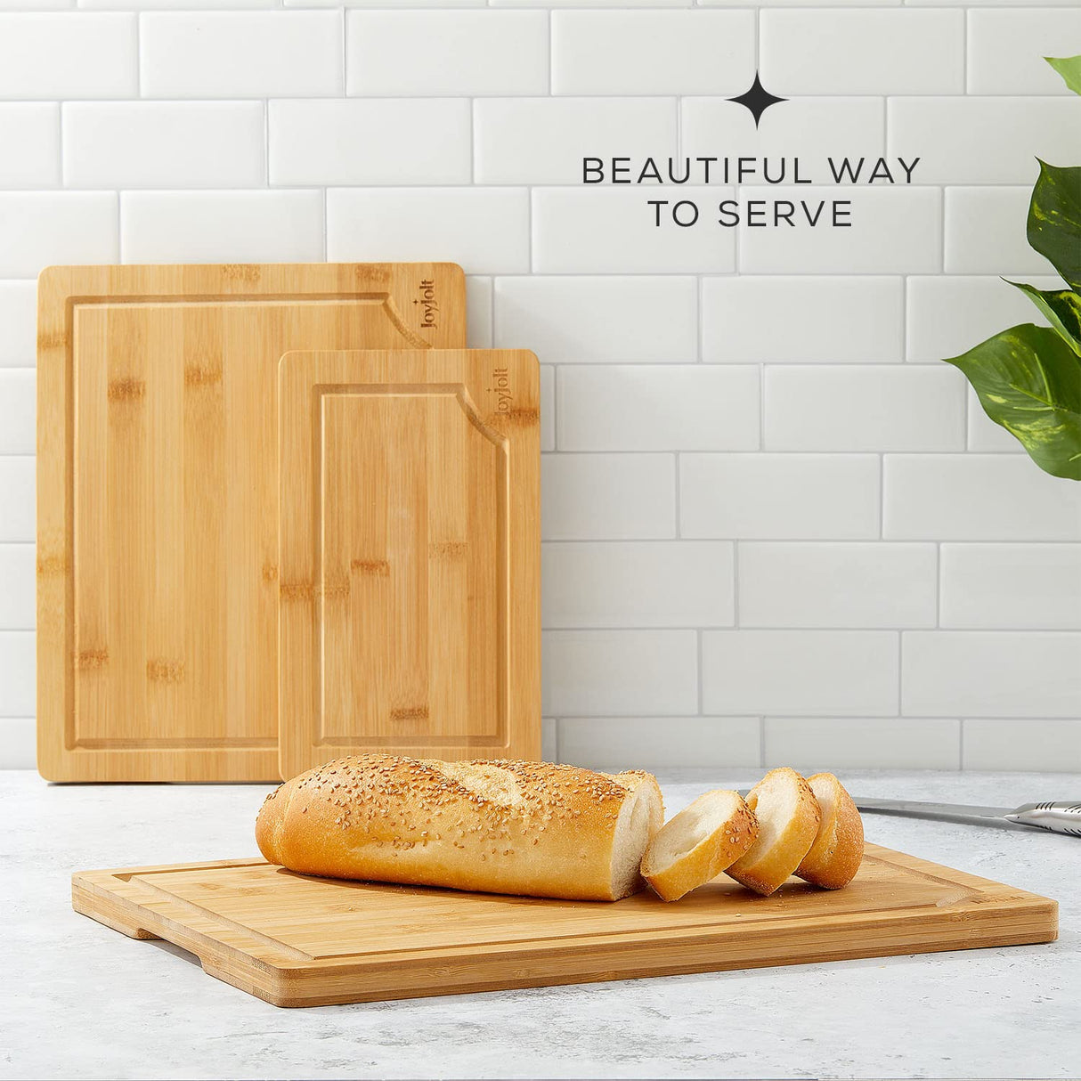 JoyJolt Bamboo Cutting Board Set, Wooden Cutting Boards for Kitchen. Large and Small Wooden Cutting Board Set; Serving Cheese Board, Bread Board or JoyJolt