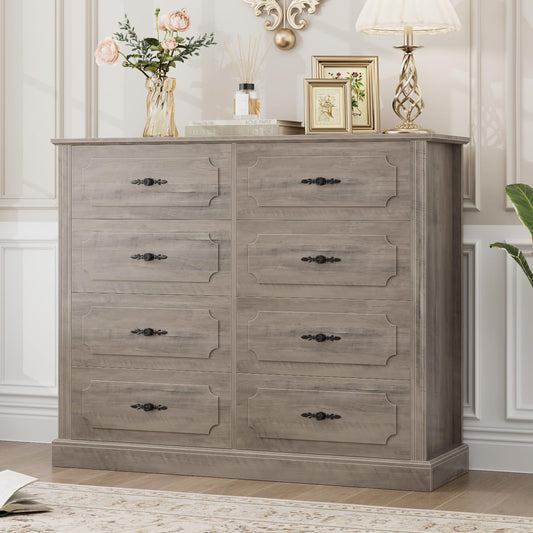 finetones Grey Dresser Chest of Drawers, Farmhouse Dresser Wood Dresser 8 Drawer Dresser with Steel Handles, Modern Dresser Drawers Floor Storage Cabinet for Living Room Hallway Office - WoodArtSupply