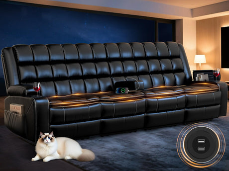 Tiooii Oversized Loveseat Recliner Sofa, RV Wall Hugger Recliners with Insert Pockets, Cup Holders, Home Theater Seating Reclining Couch, Adjustable Massage Recline for RV & Movie Room (4-Seater) Tiooii