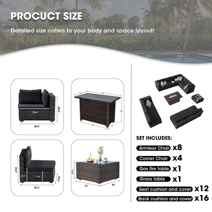 14 Piece Patio Furniture Set with 42In Fire Pit Table， Outdoor Furniture Sets Rattan Sectional Couch Outdoor Chairs with No-Slip Cushions and Waterproof Covers for Lawn, Poolside, Backyard Black